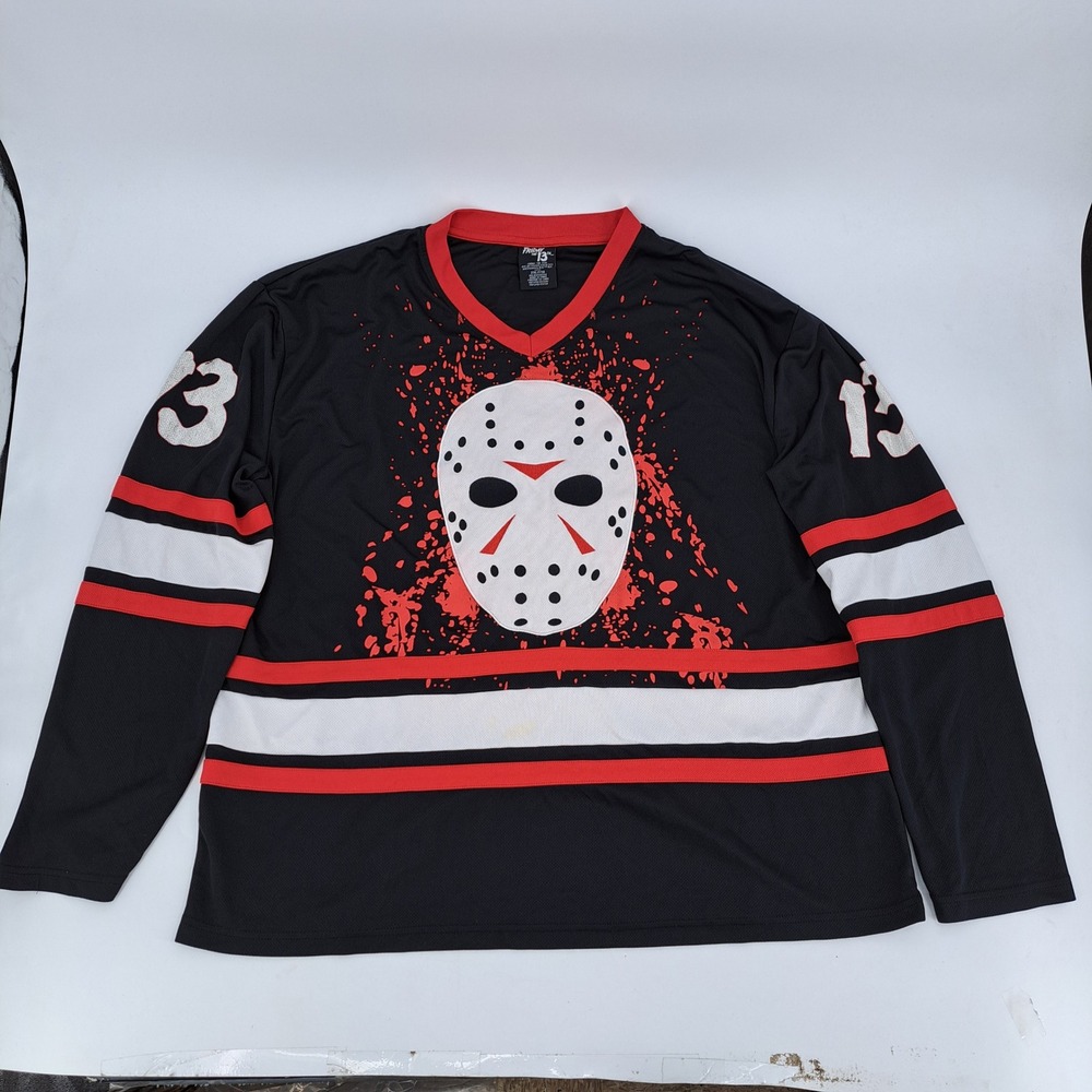 Friday the 13th Jason Voorhees Hockey Jersey Mens 2XL Black Striped Polyester